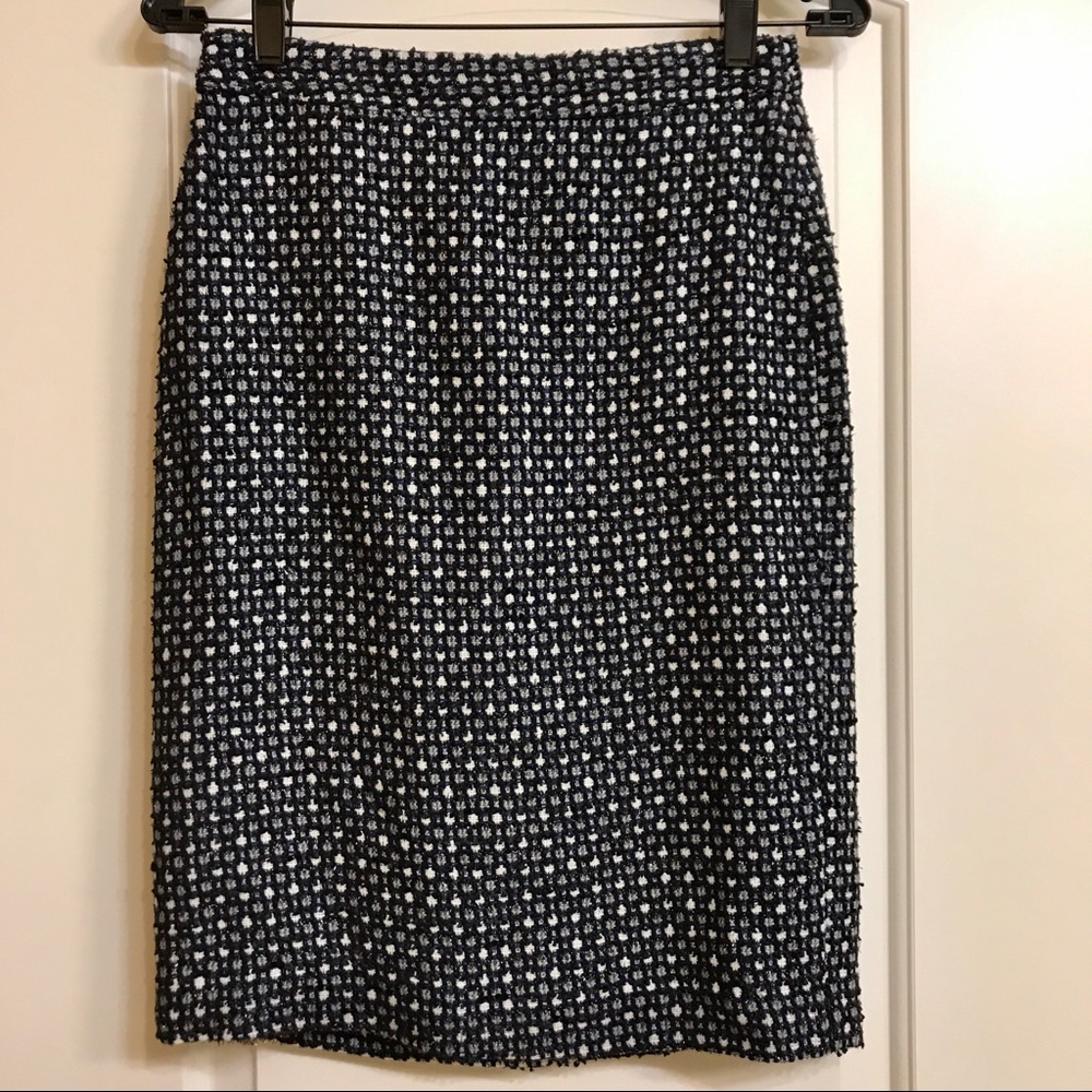 Navy and metallic tweed patterned pencil skirt